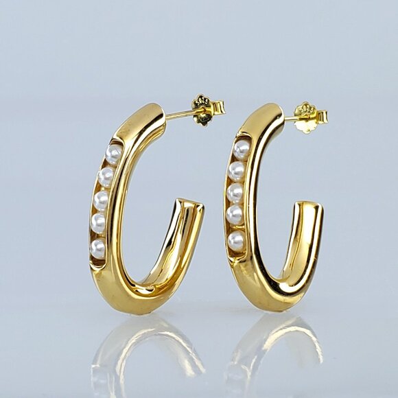 18K Gold Womens Semi Hoop Pearl Earrings Ladies Jewelry 14 Karat Silver Pearls